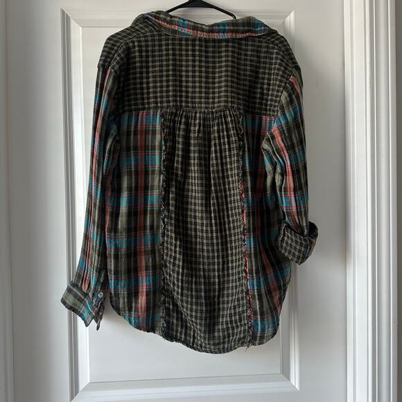 Anthropologie Pilcro Shirt Green Plaid Patchwork Button Up Long Sleeve - Small - Picture 3 of 5